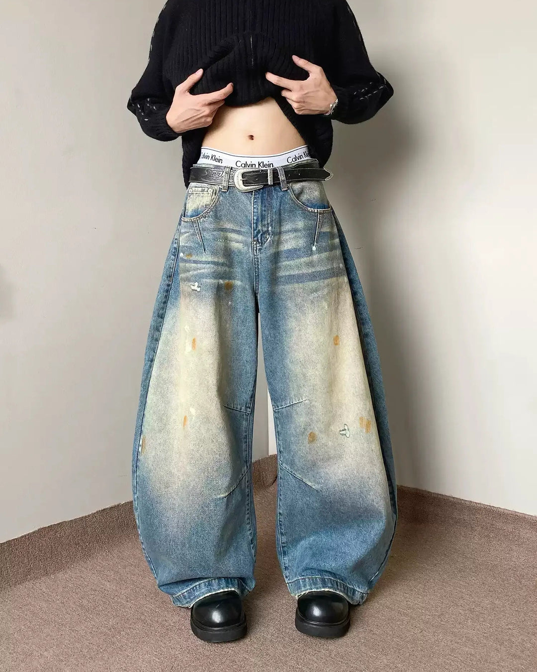 Oil Stained Distressed Baggy Jeans