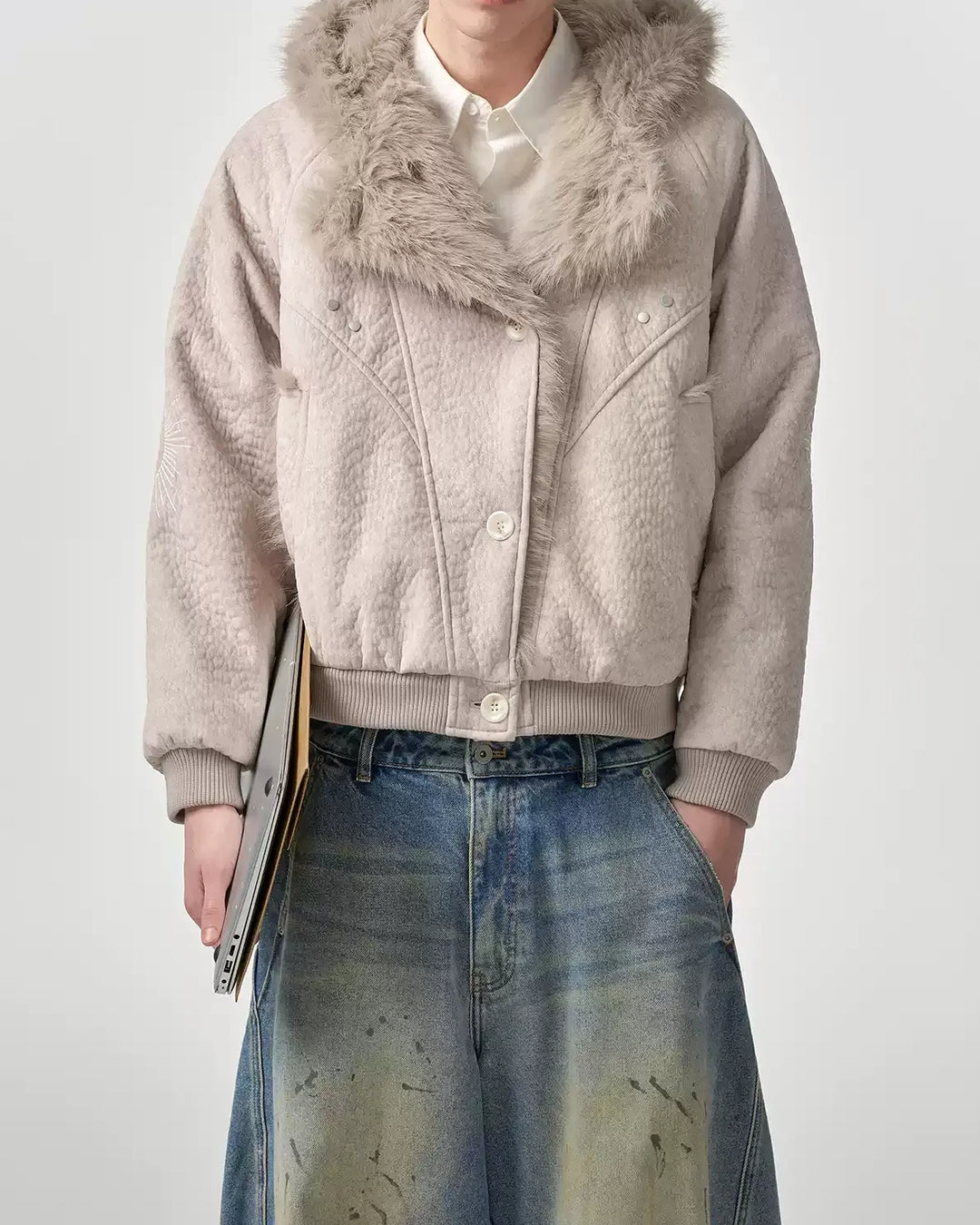 Lifestyle styling view of Oversized Shearling Lined Washed Denim Hooded Jacket