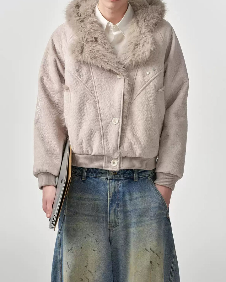 Lifestyle styling view of Oversized Shearling Lined Washed Denim Hooded Jacket