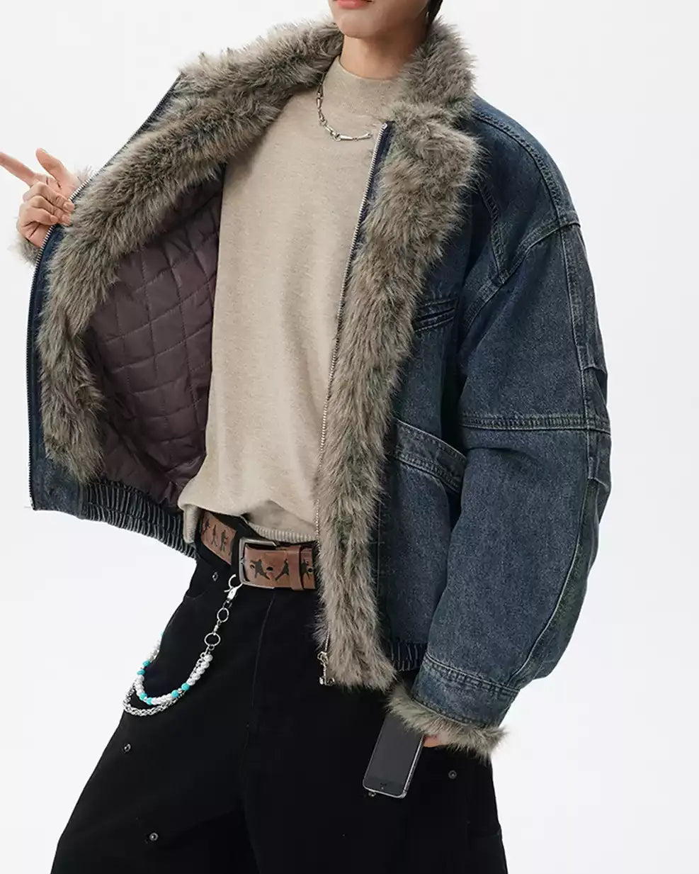 Side view of Shearling Lined Denim Jacket