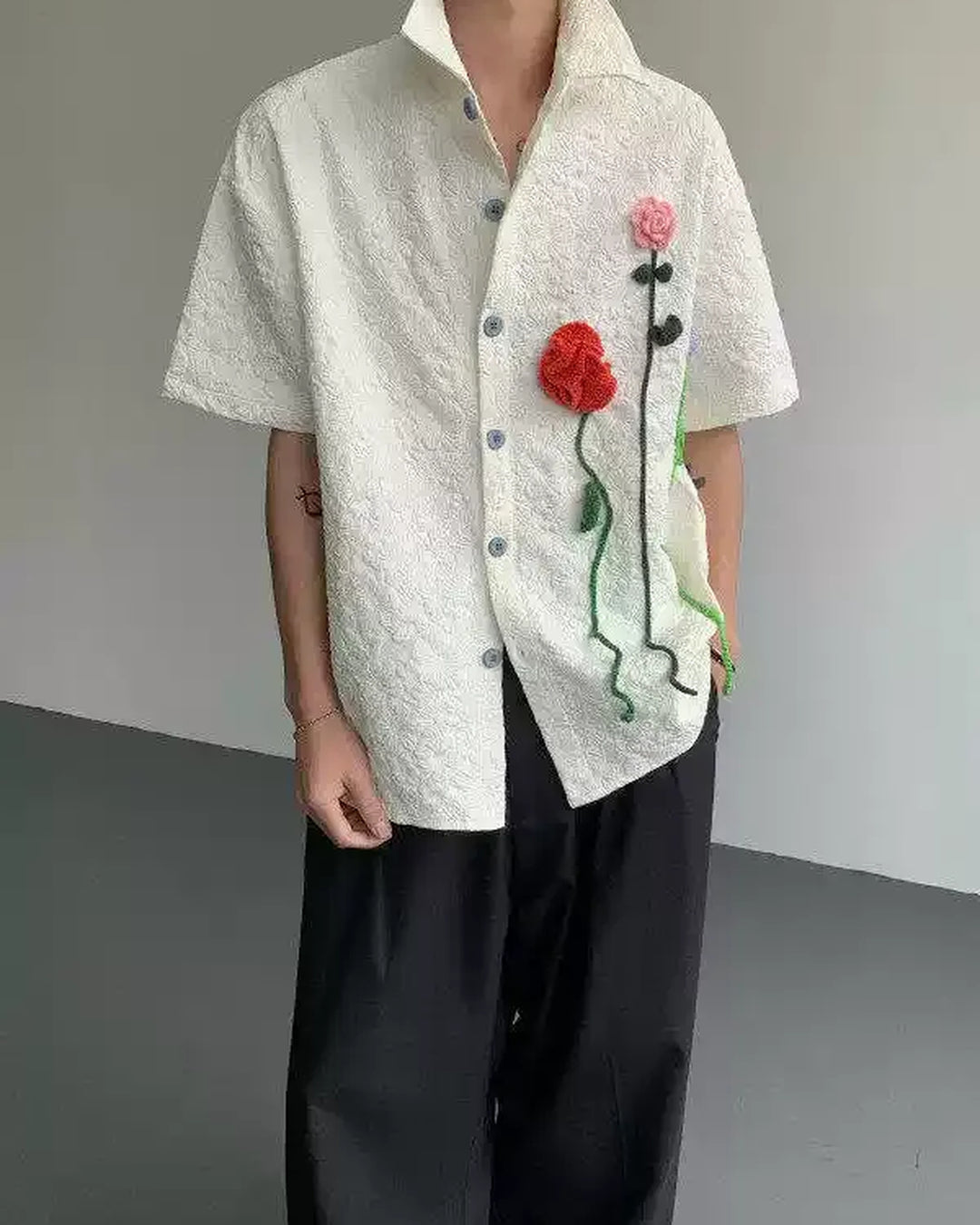Lifestyle styling view of Floral Appliqué Short Sleeve Shirt