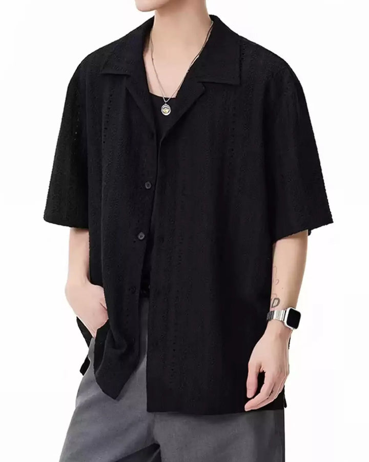 STEP BLOCK MT557 Hollow-Out Knit Short Sleeve T-Shirt - Streetwear
