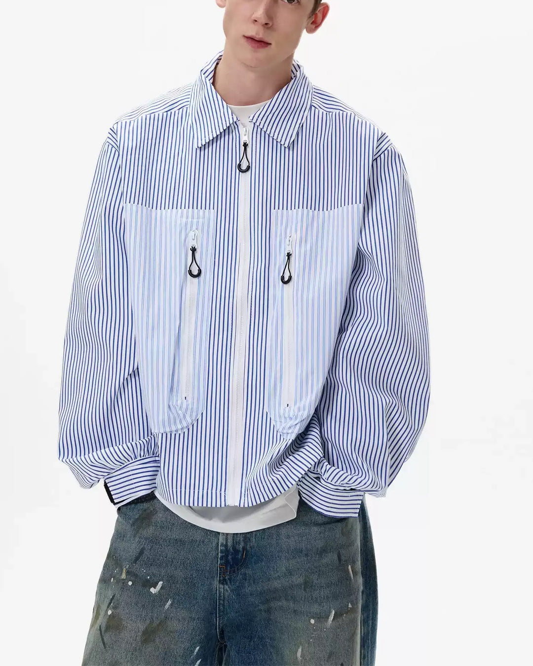 Lifestyle styling view of Striped Zip-Up Overshirt