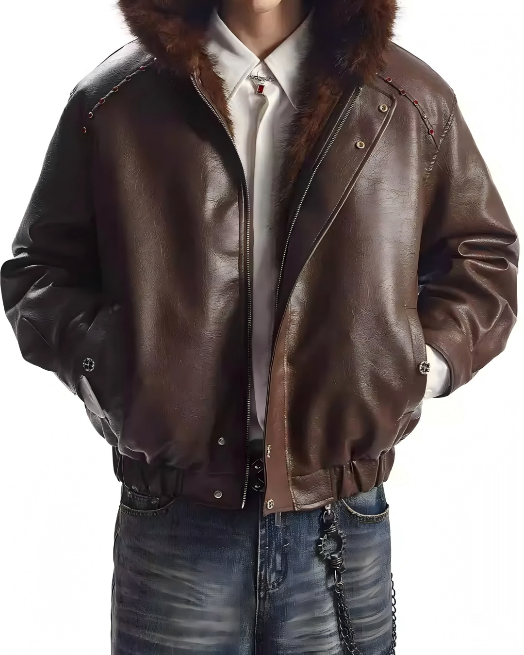 STEP BLOCK ST043 Cropped Shearling Collar Washed Faux Leather Bomber Jacket