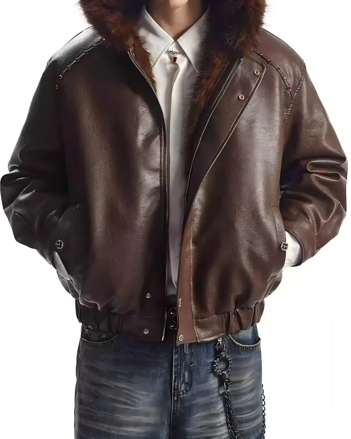 STEP BLOCK ST043 Cropped Shearling Collar Washed Faux Leather Bomber Jacket