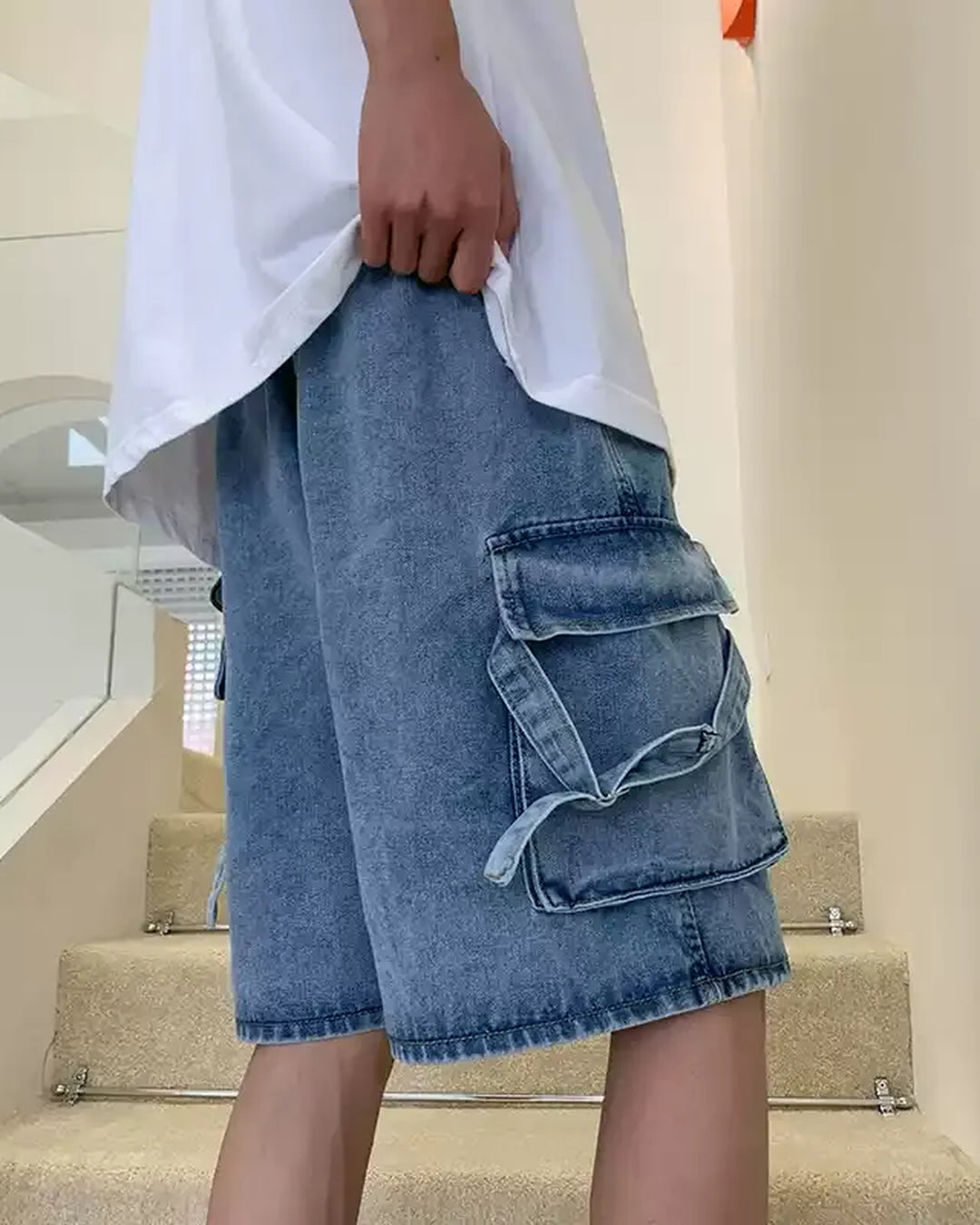 Back view of Drawstring Waist Cargo Denim Shorts