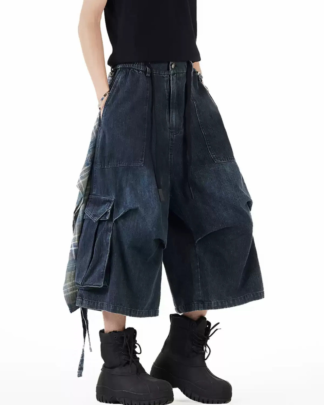 Back view of Denim Plaid Patchwork Cargo Shorts