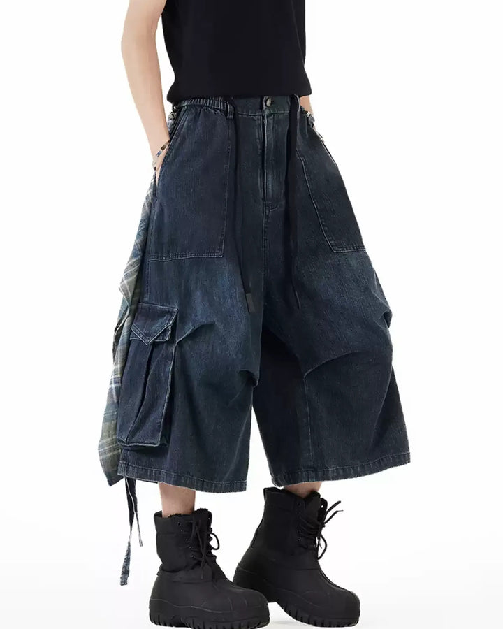 Back view of Denim Plaid Patchwork Cargo Shorts