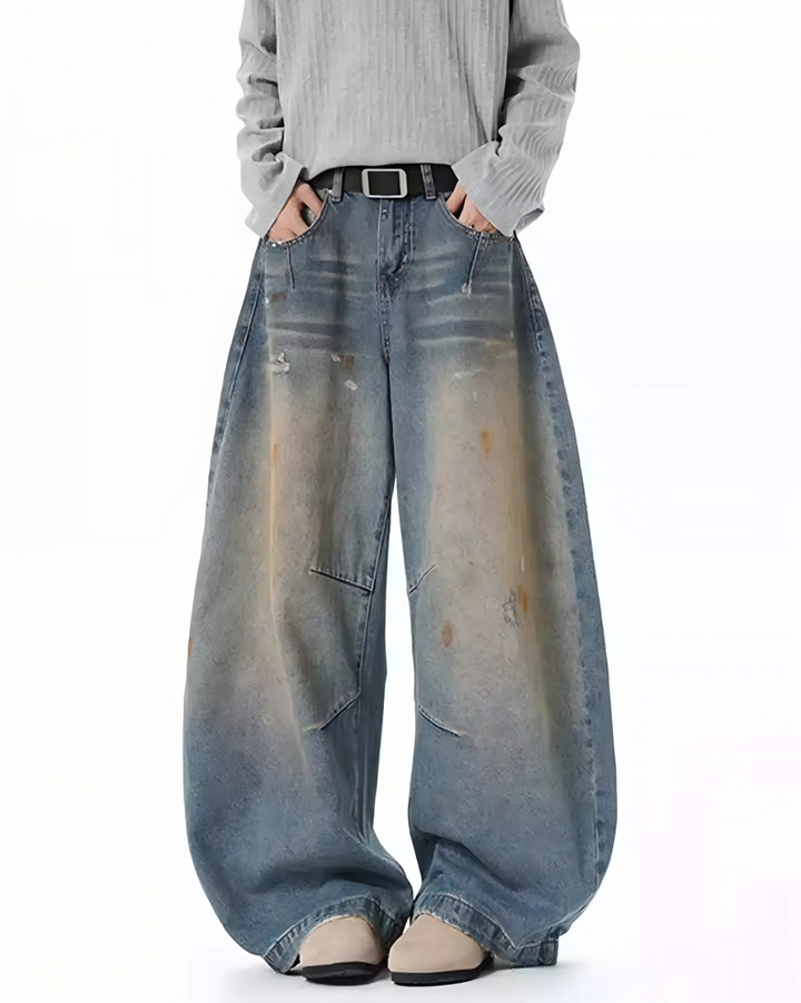 STEP BLOCK MT050 vintage washed oil-stained distressed baggy jeans
