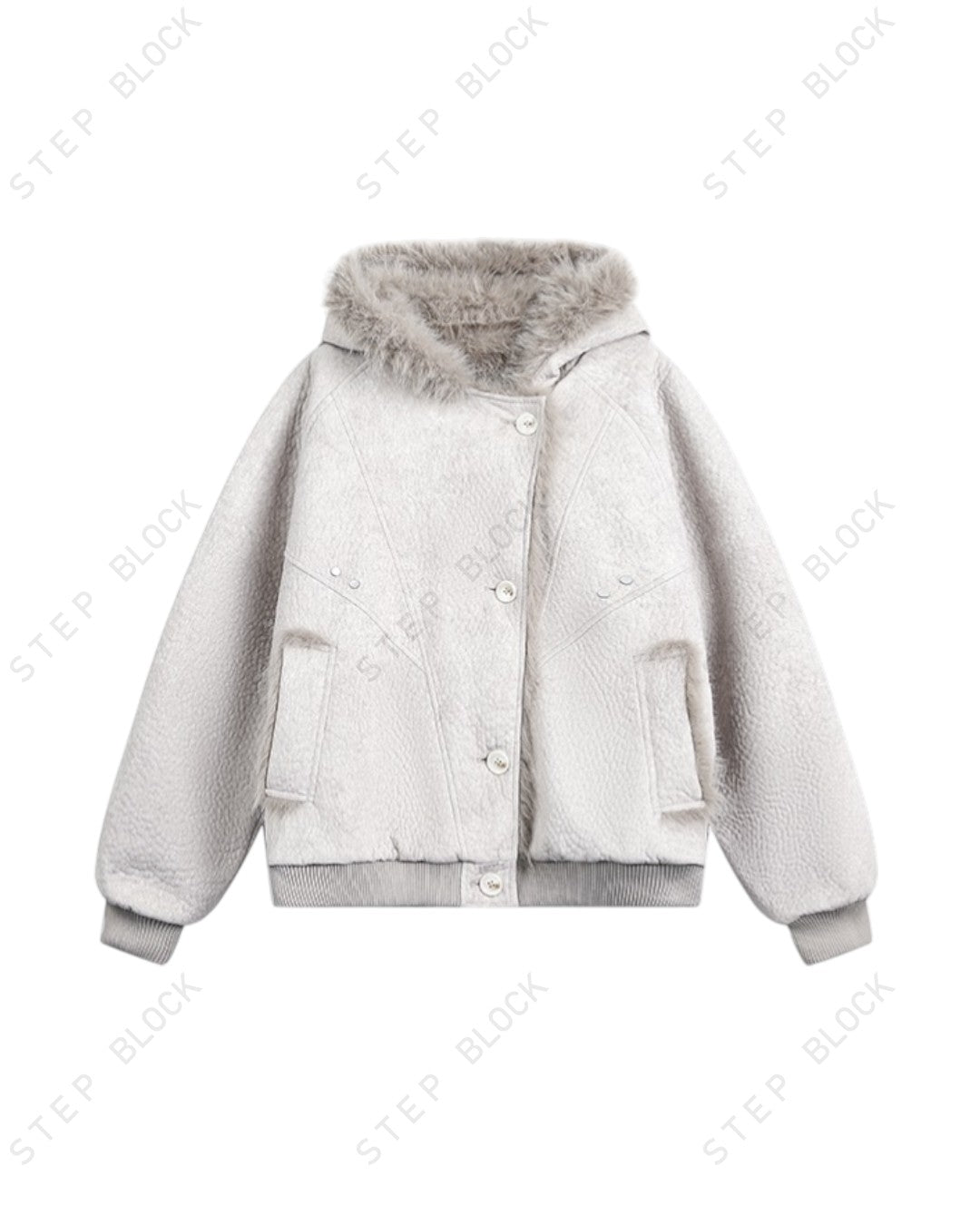 STEP BLOCK ST051 Oversized Shearling Lined Washed Denim Hooded Jacket