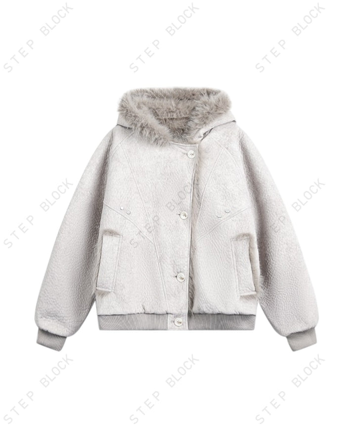 STEP BLOCK ST051 Oversized Shearling Lined Washed Denim Hooded Jacket