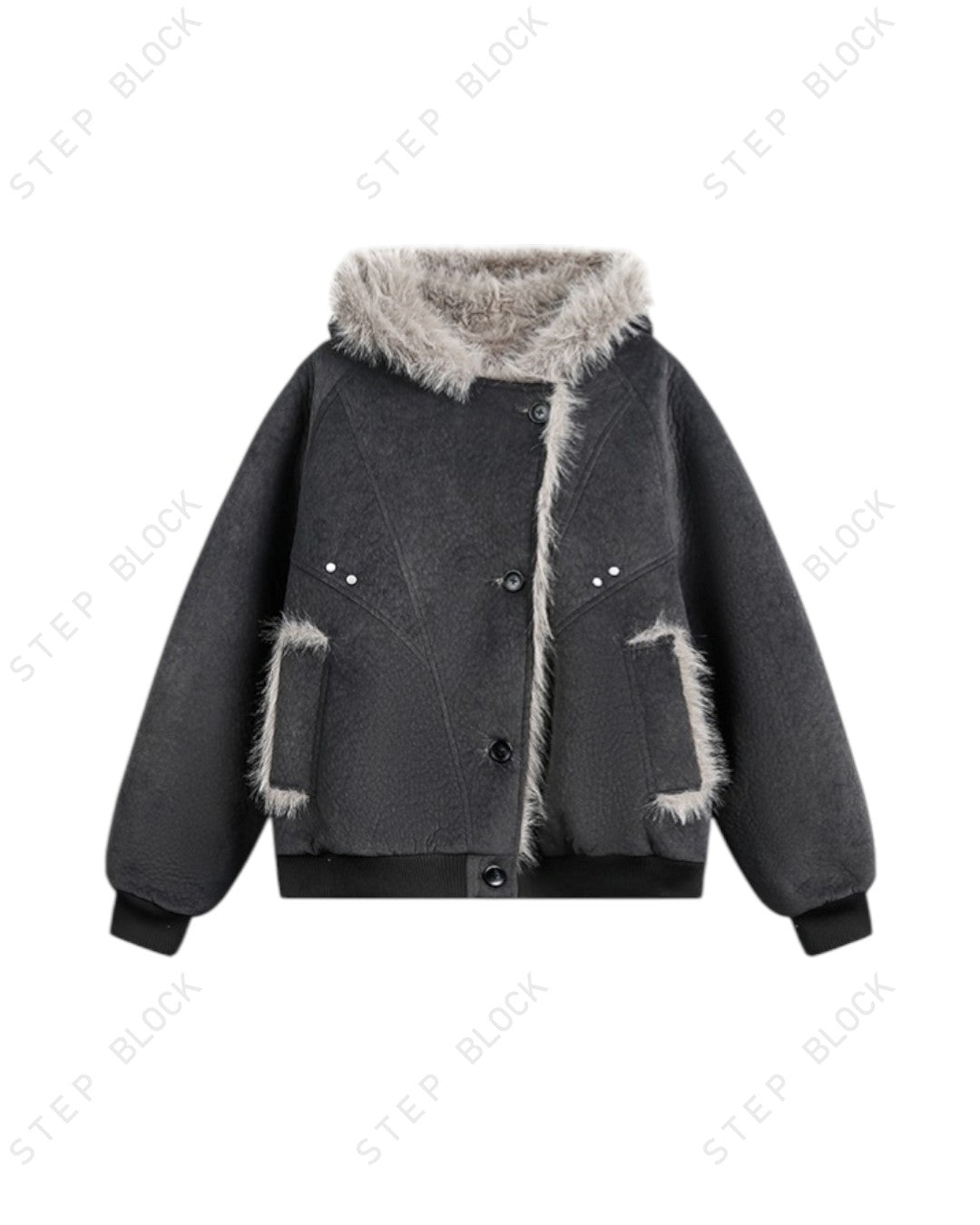 STEP BLOCK ST051 Oversized Shearling Lined Washed Denim Hooded Jacket