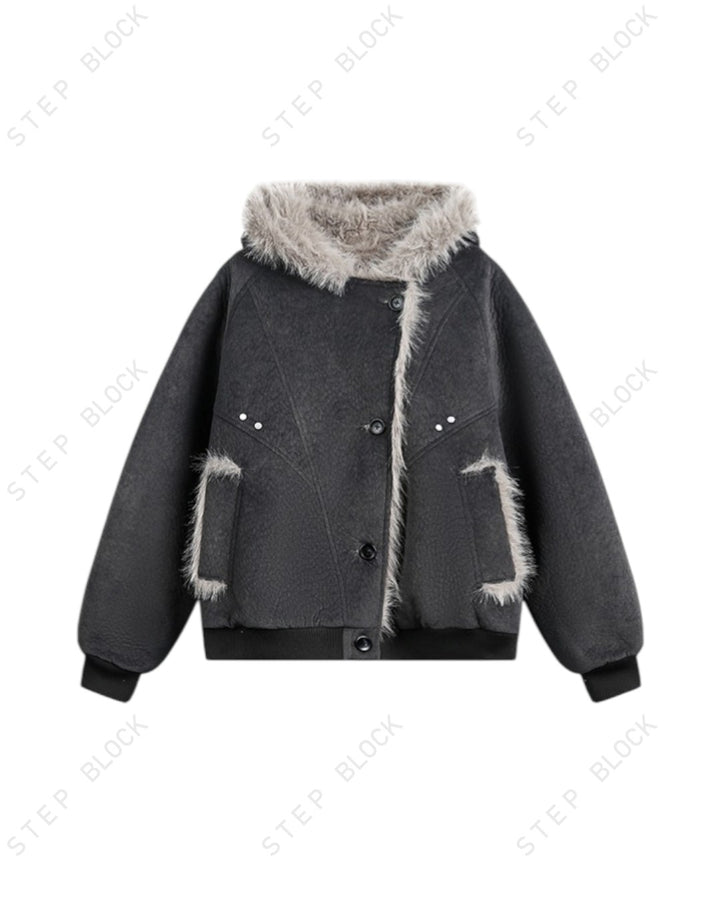 STEP BLOCK ST051 Oversized Shearling Lined Washed Denim Hooded Jacket