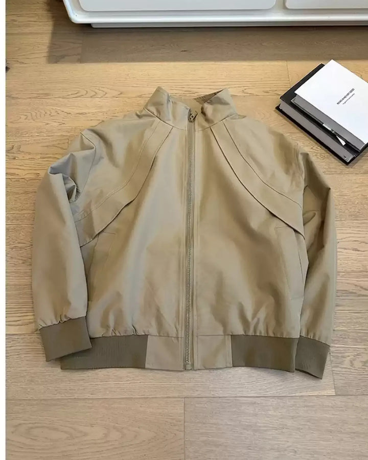 Close-up detail of Minimalist Stand Collar Oversized Bomber Jacket