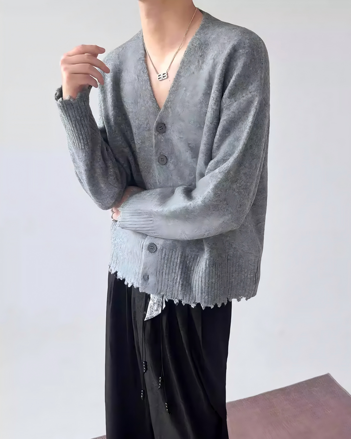 STEP BLOCK MT531 Distressed Hem V-Neck Knit Cardigan