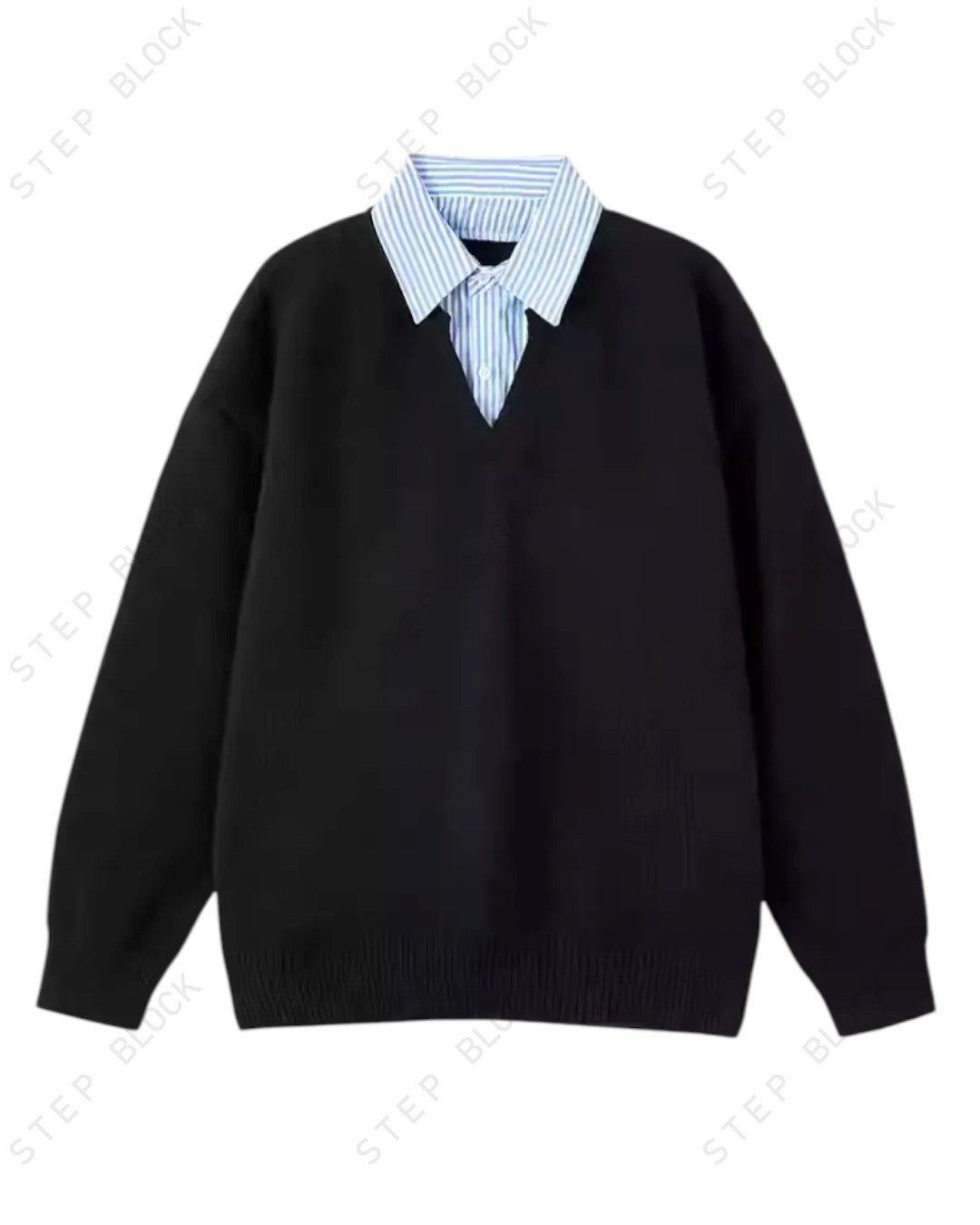 STEP BLOCK ST041 Faux Layered Collared V-Neck Oversized Knit Sweater