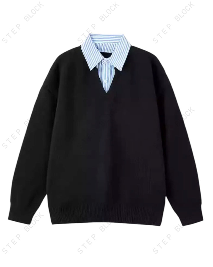 STEP BLOCK ST041 Faux Layered Collared V-Neck Oversized Knit Sweater