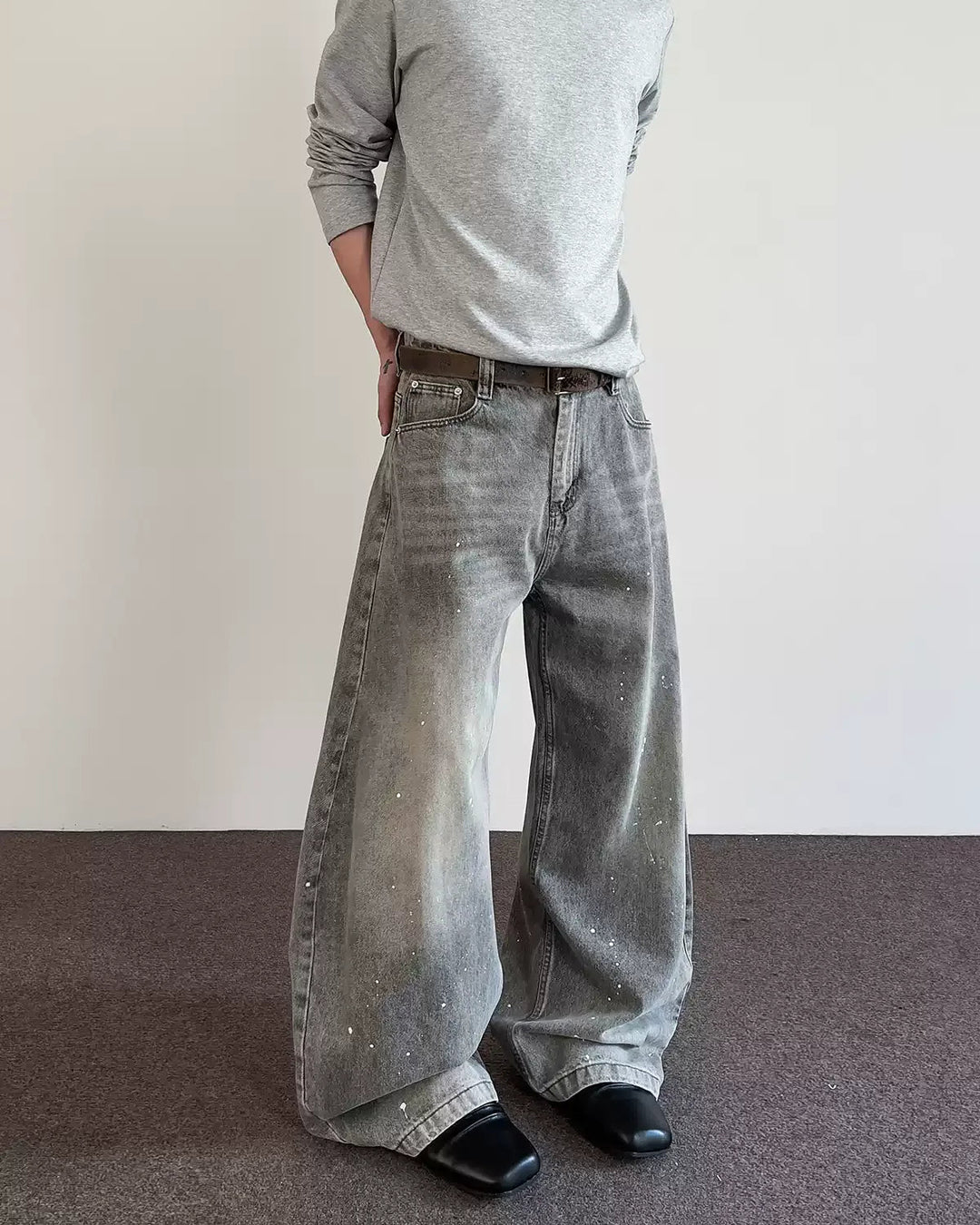 Lifestyle styling view of Grey Distressed Baggy Jeans