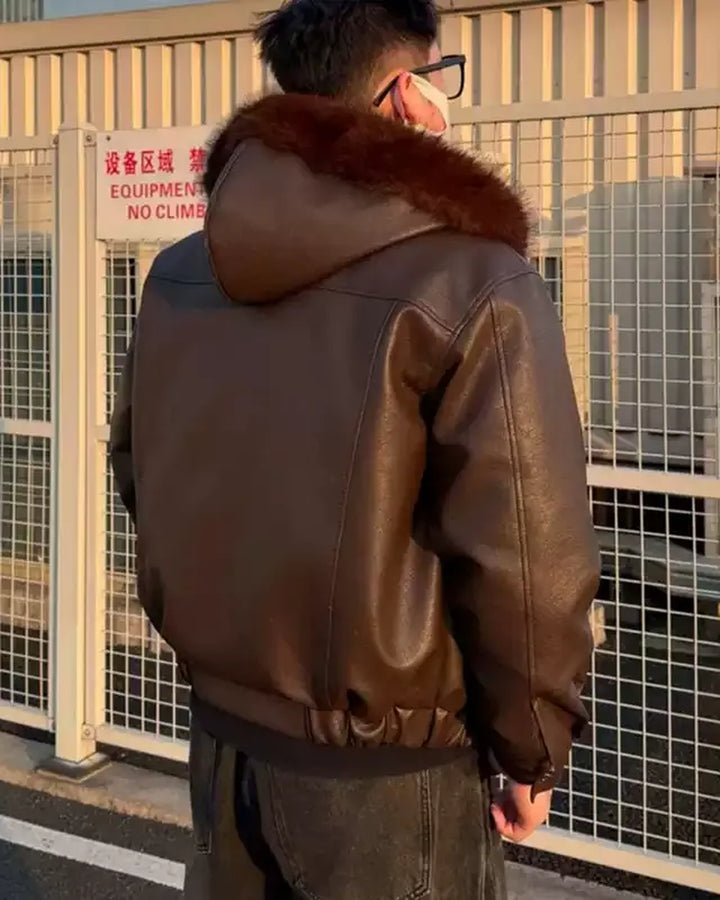 Additional product image of Cropped Shearling Collar Washed Faux Leather Bomber Jacket