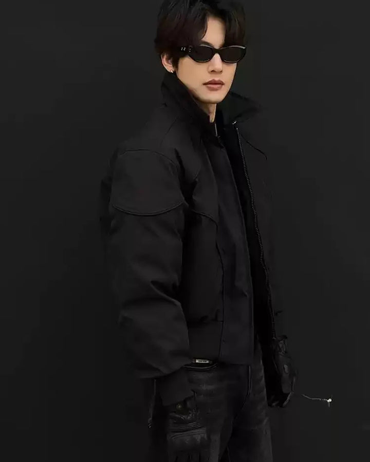 Back view of Shearling Collar Washed Utility Bomber Jacket