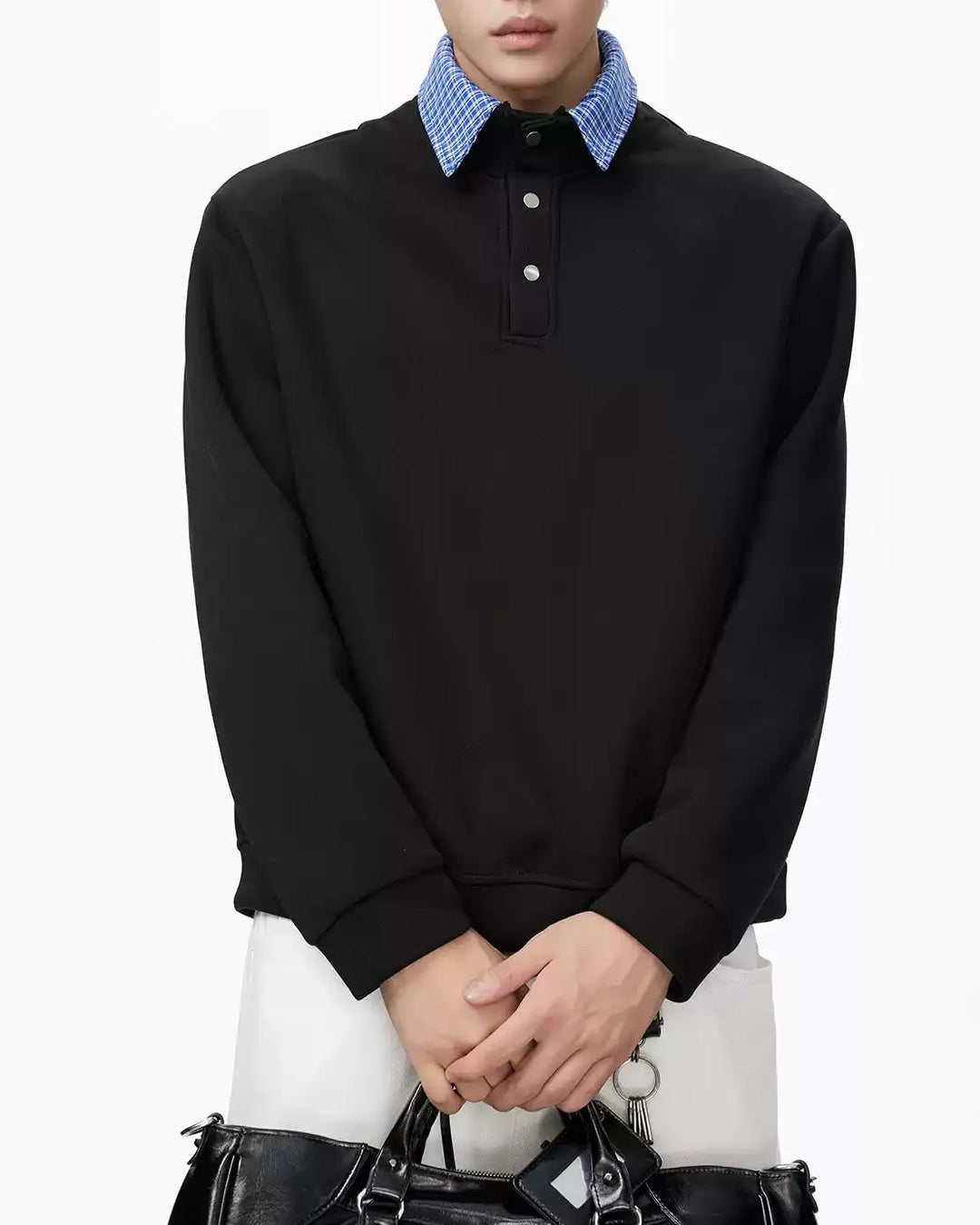 Side view of Layered Denim Collar Half-Zip Sweater