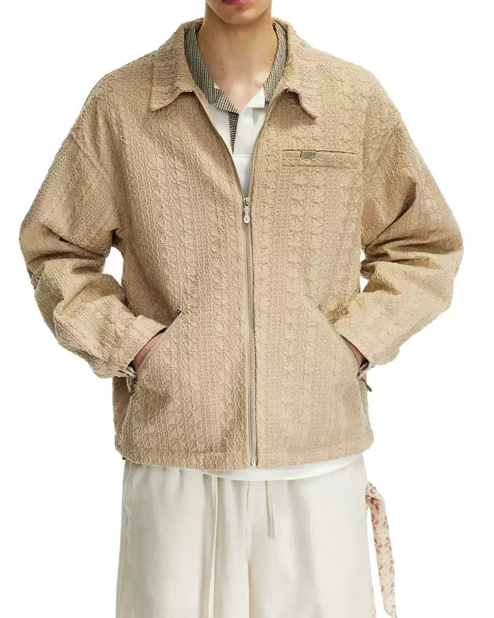 Lifestyle styling view of Textured Camp Collar Harrington Jacket