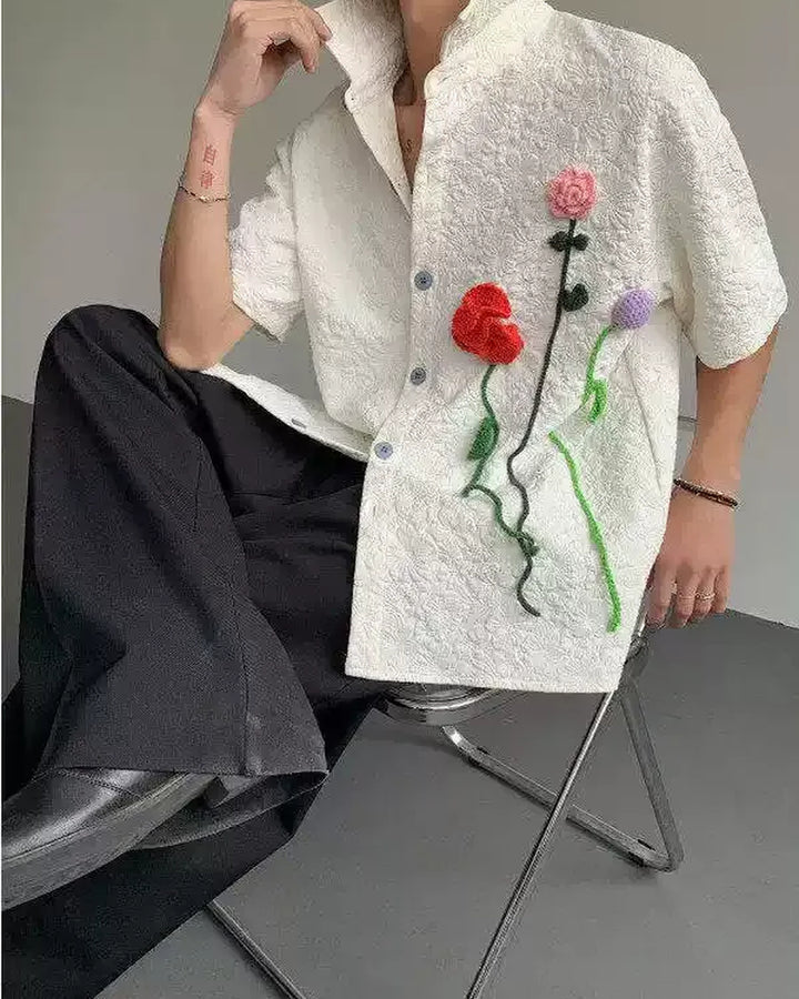 Front view of Floral Appliqué Short Sleeve Shirt