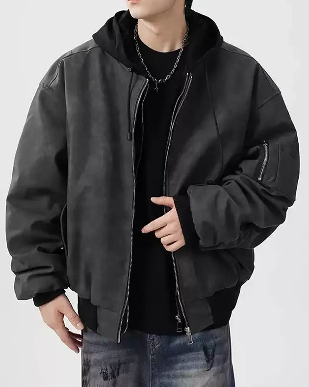 Additional product image of Washed Distressed Faux Leather Oversized Bomber Jacket