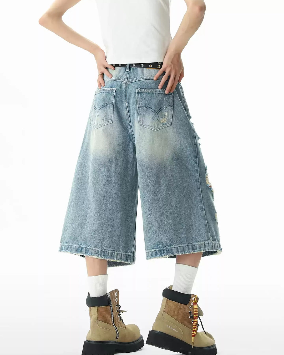 Back view of Heavy Distressed Wide Leg Denim Shorts
