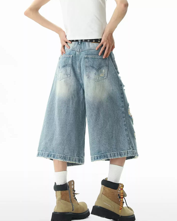 Back view of Heavy Distressed Wide Leg Denim Shorts
