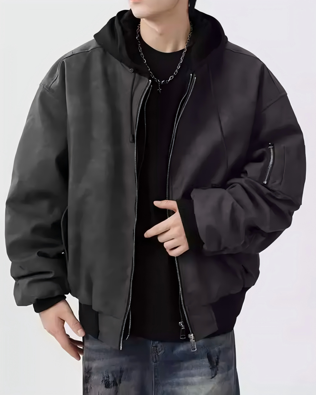 STEP BLOCK ST039 Washed Distressed Faux Leather Oversized Bomber Jacket