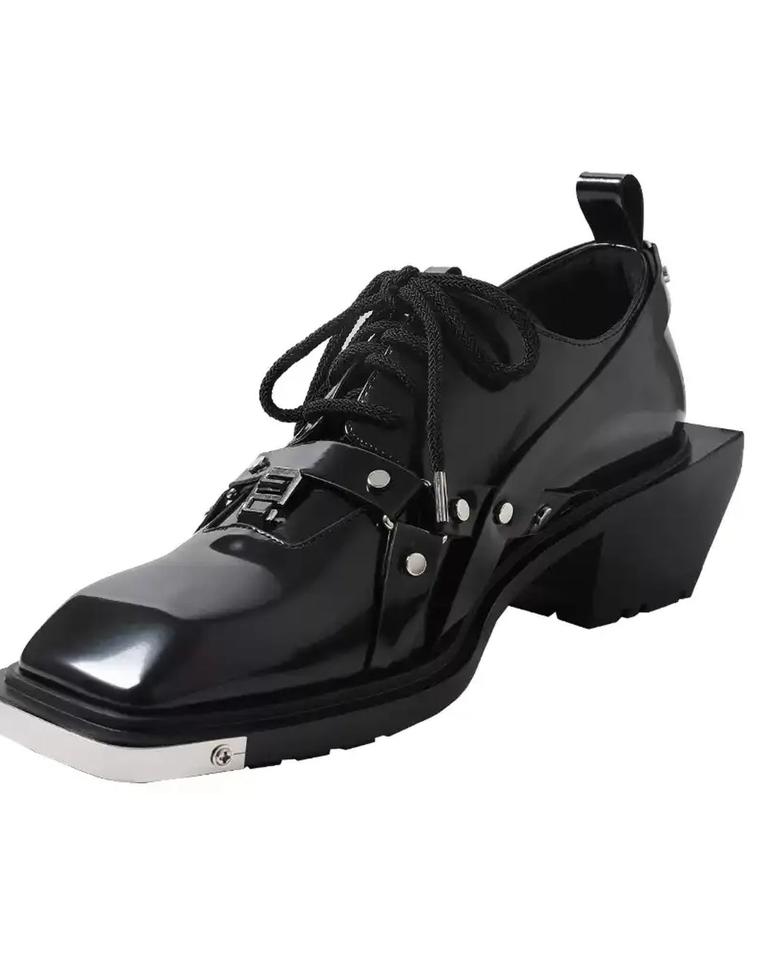 Front view of Black Leather Gothic Chunky Heel Shoes