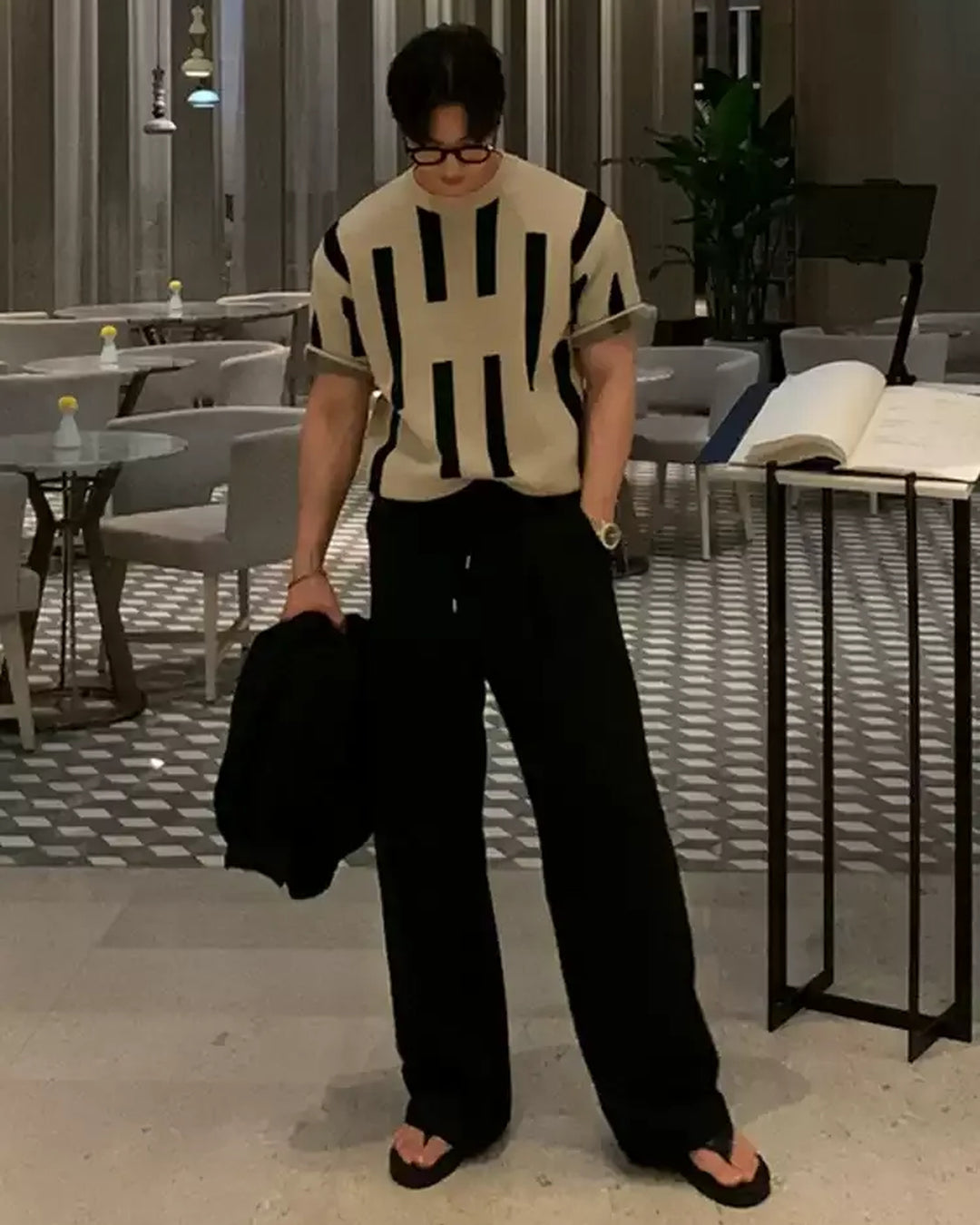 Additional product image of Beige and Black Striped Knit Oversized T-Shirt