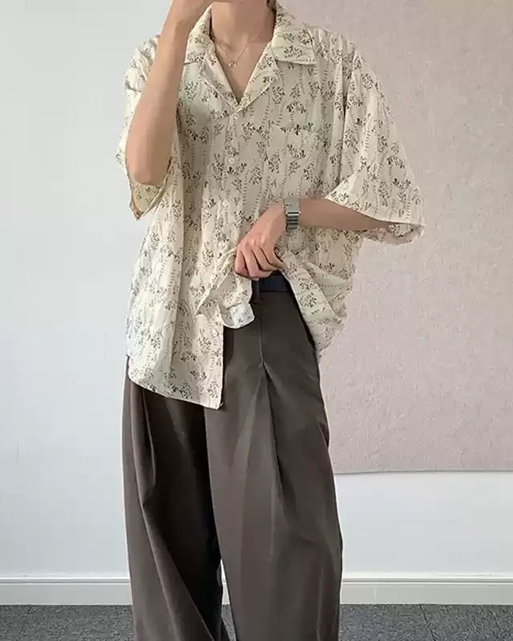 Side view of Floral Print Short Sleeve Loose Shirt