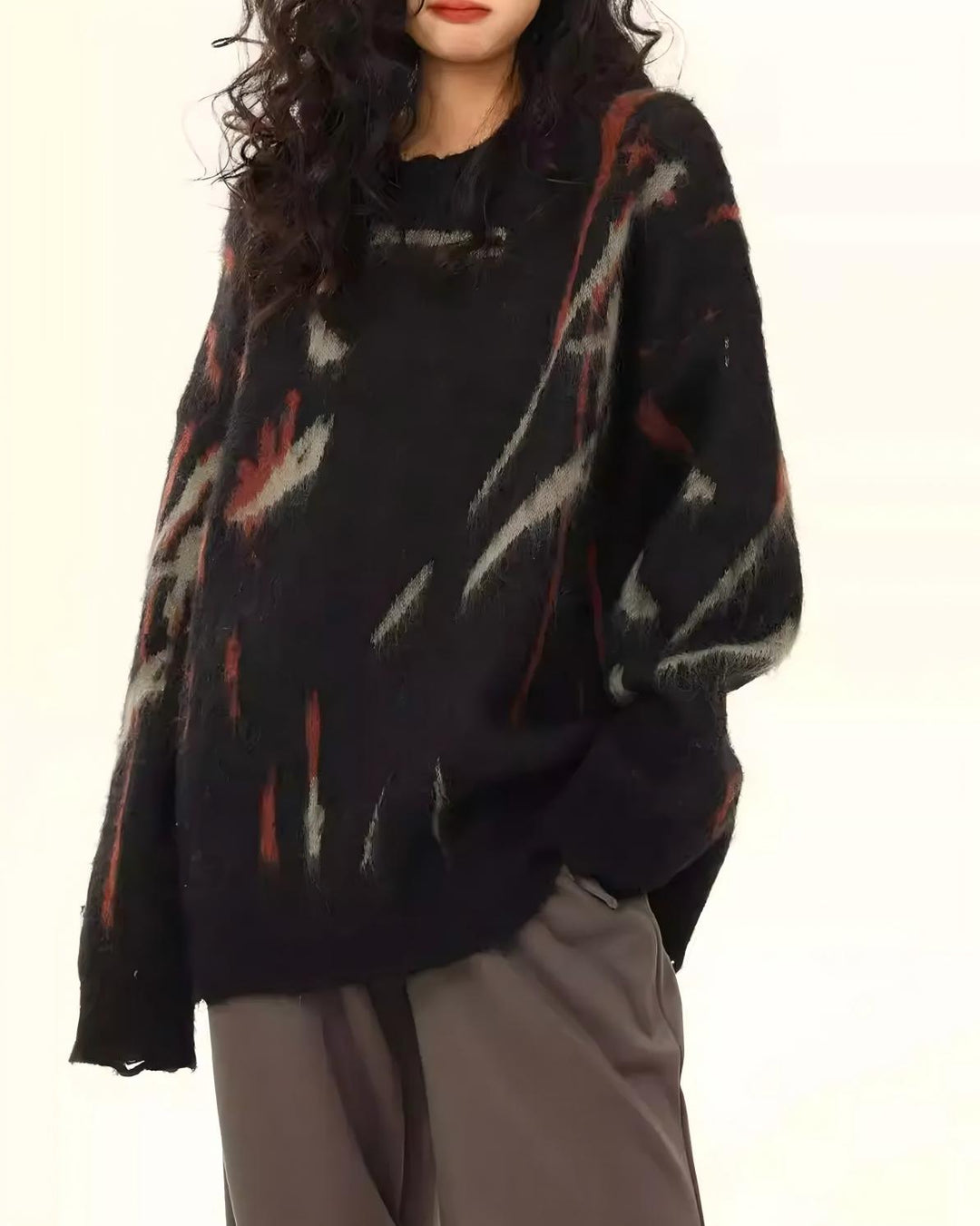 STEP BLOCK ST1014 Distressed Abstract Print Sweater
