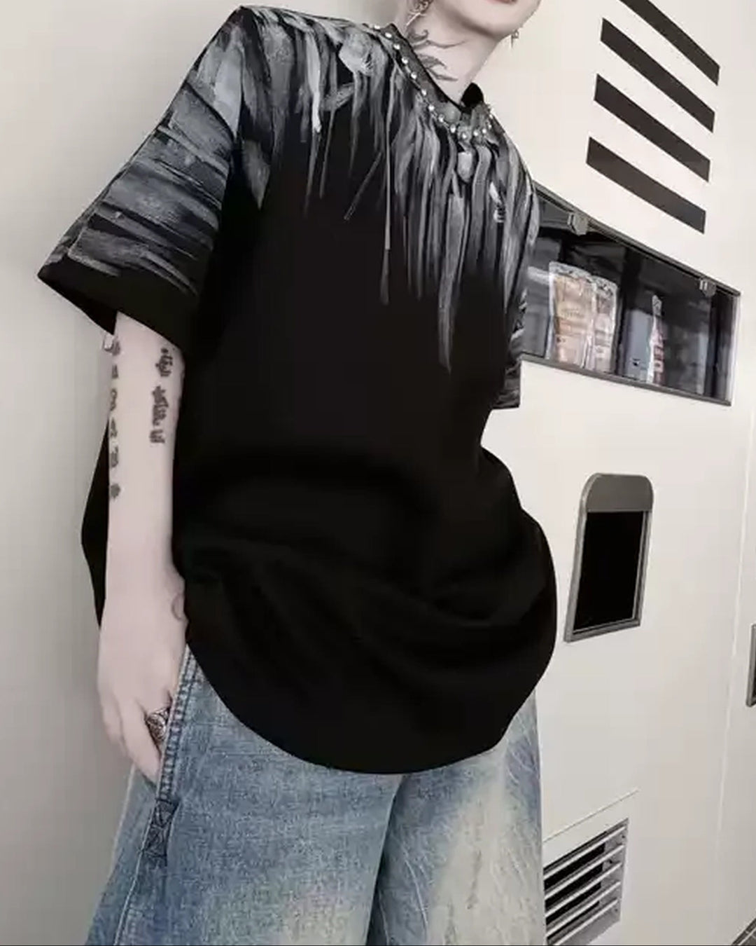 Back view of Black and White Gradient Print Oversized T-Shirt