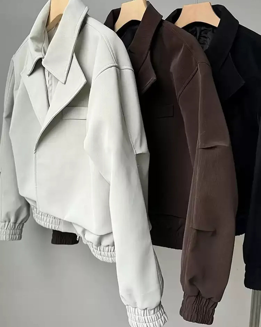 Lifestyle styling view of Cropped Boxy Stand Collar Minimalist Workwear Jacket