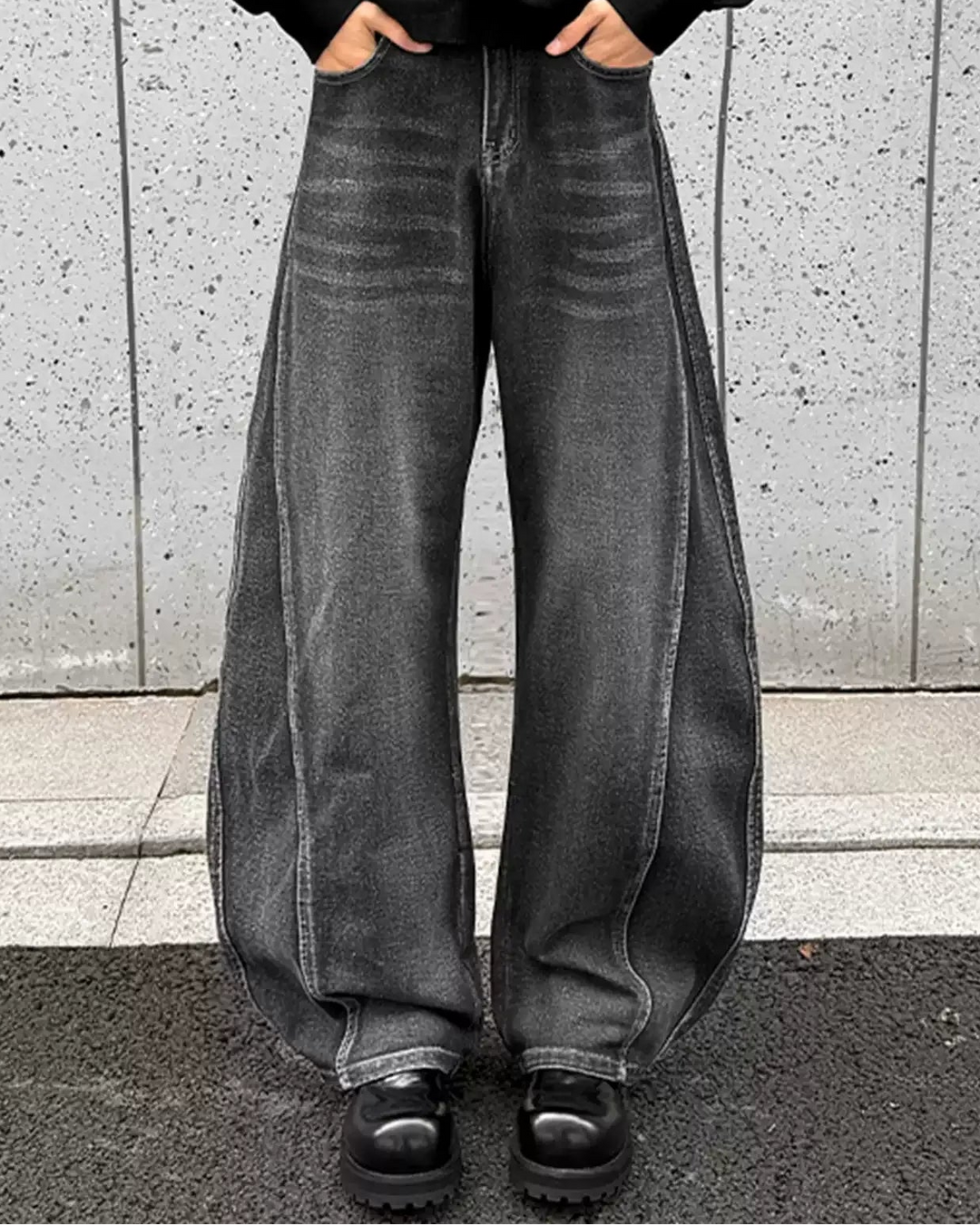 Front view of Grey Distressed Baggy Flare Jeans