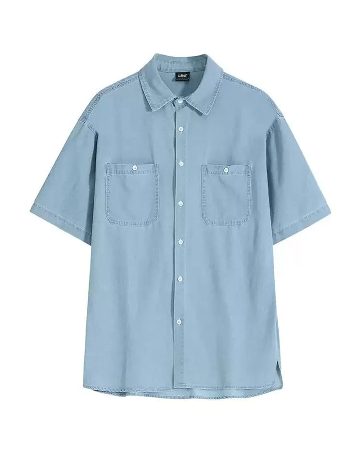 Close-up detail of Light Blue Denim Button-Up Shirt