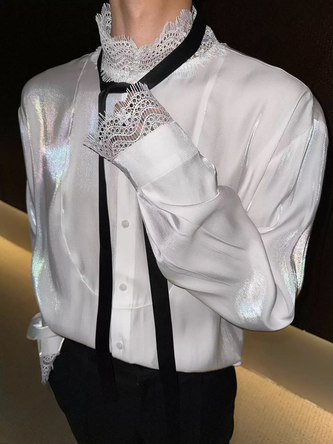 Additional product image of Lace Trim Tie Long Sleeve Shirt