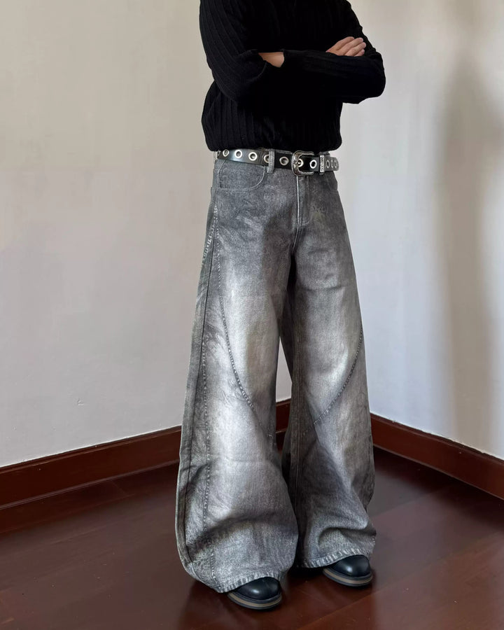 Grey Washed Baggy Flare Jeans