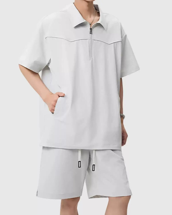 STEP BLOCK MT559 Ice Silk Zip Polo T-Shirt &amp; Shorts Set - Summer Tracksuit
