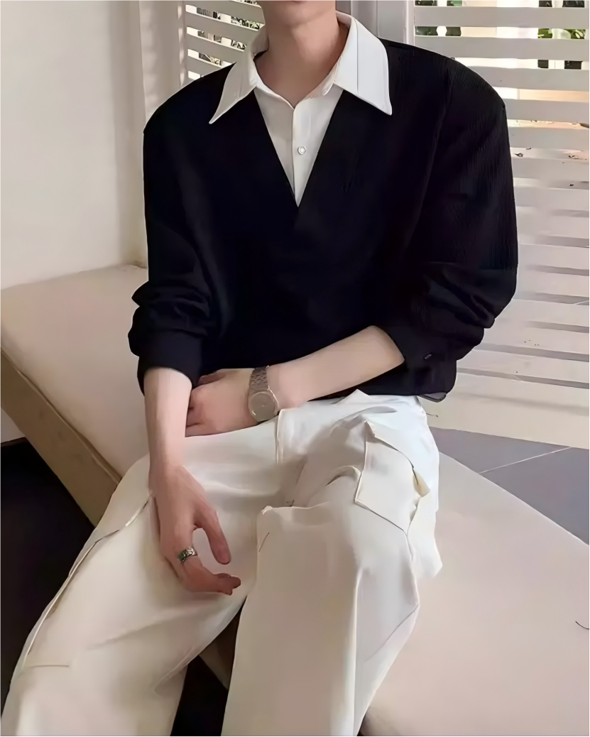 STEP BLOCK ST019 Faux Layered Collared V-Neck Oversized Knit Sweater