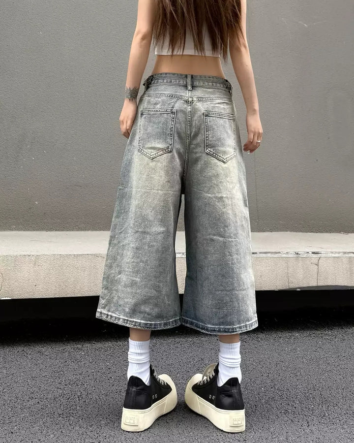 Front view of Distressed Ripped Denim Wide Leg Shorts