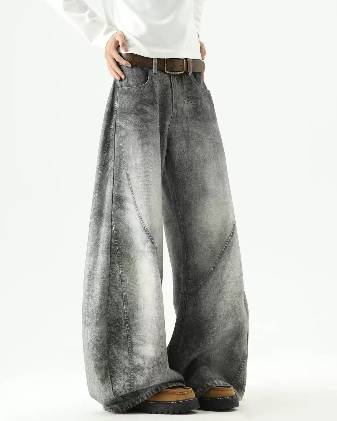 Grey Washed Baggy Flare Jeans