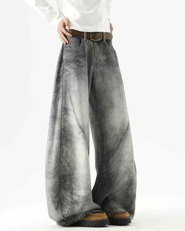 Grey Washed Baggy Flare Jeans