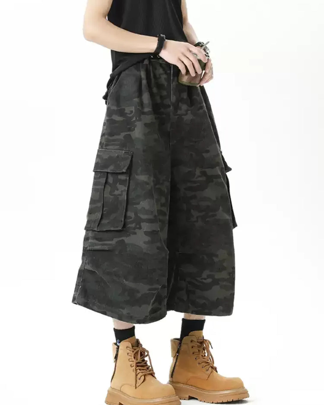 Back view of Camo Cargo Wide Leg Shorts