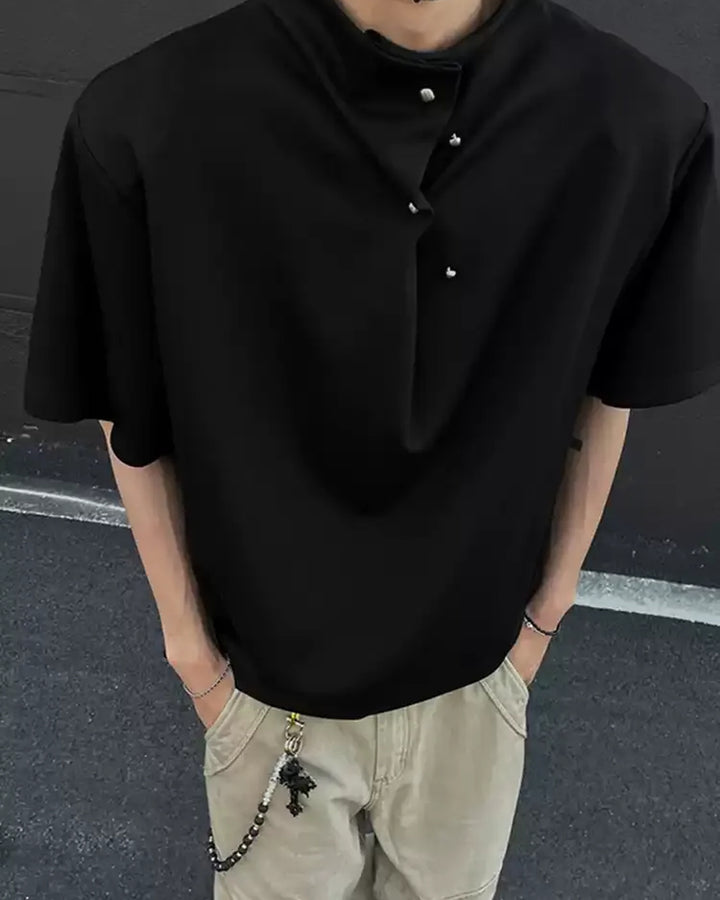Close-up detail of Asymmetric Button Collar Oversized T-Shirt
