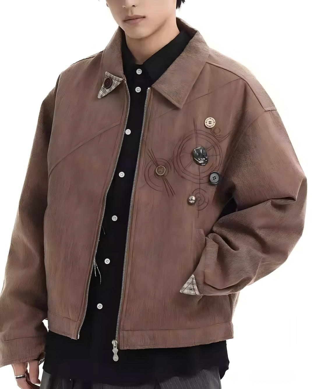 STEP BLOCK ST005 Vintage Washed Badge Detail Workwear Zip-Up Jacket