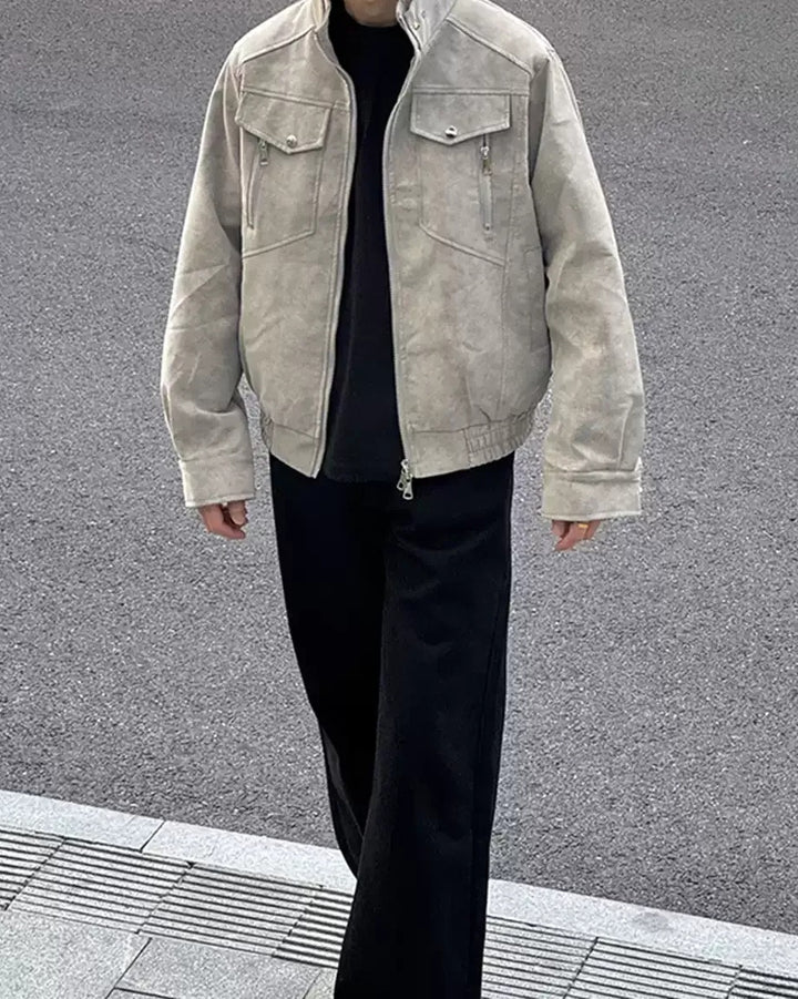 Lifestyle styling view of Washed Distressed Faux Leather Stand Collar Utility Jacket